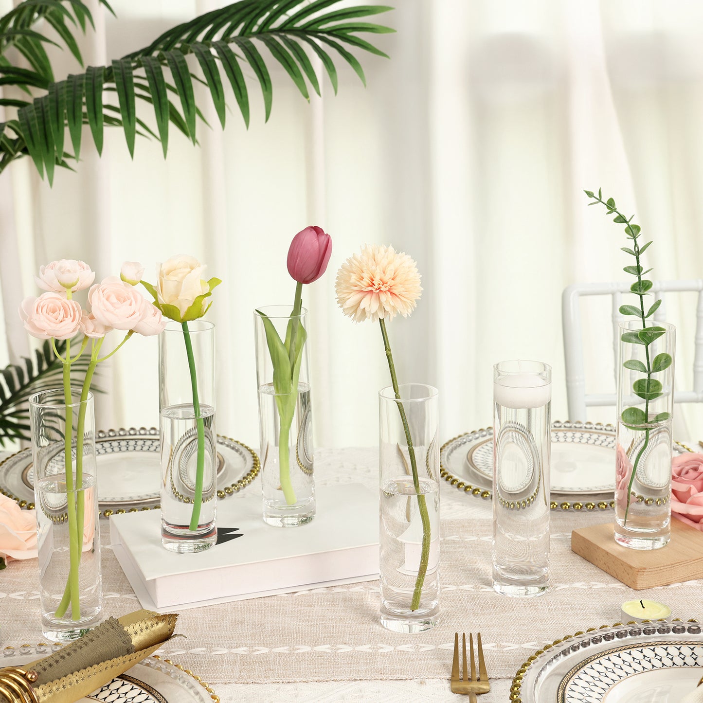 WHONLINE 15 Pcs Clear Glass Cylinder Vases, 7.5 Inch Tall, Glass Flower Vase Centerpieces, Glass Flower Vase, Hurricane Floating Candle Holder Vase for Table Shelf, Party, Wedding, Home Decor, Collectible Buildings & Accessories