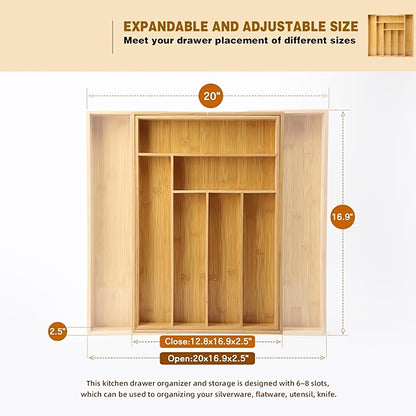 Bamboo Drawer Organizer Expandable - Adjustable Silverware Tray, Cutlery And Utensil Holder for Kitchen Drawer, Multi-Use Storage Tray for Office, Home