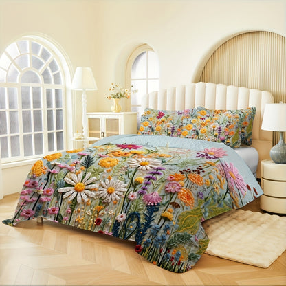 2/3pcs Floral Lightweight Comforter Quilt Set Queen King Twin Full Size for Girl Women Mother'S Day Gift, Boho Bedspread Coverlet Blanket Bed Cover for Spring Summer Autumn, Soft Breathable Microfiber White Reversible Comforter Patchwork Bedding