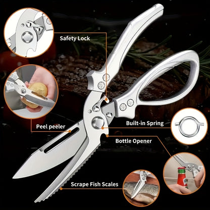 1pc 3CR Stainless Steel Cooking Scissors, Automatic Strong Chicken Bone Scissors, Smooth and Labor-saving Handle, Essential Tools for Home Kitchens, Multi-functional Planable Fruits and Vegetables, Seat Belt Lock