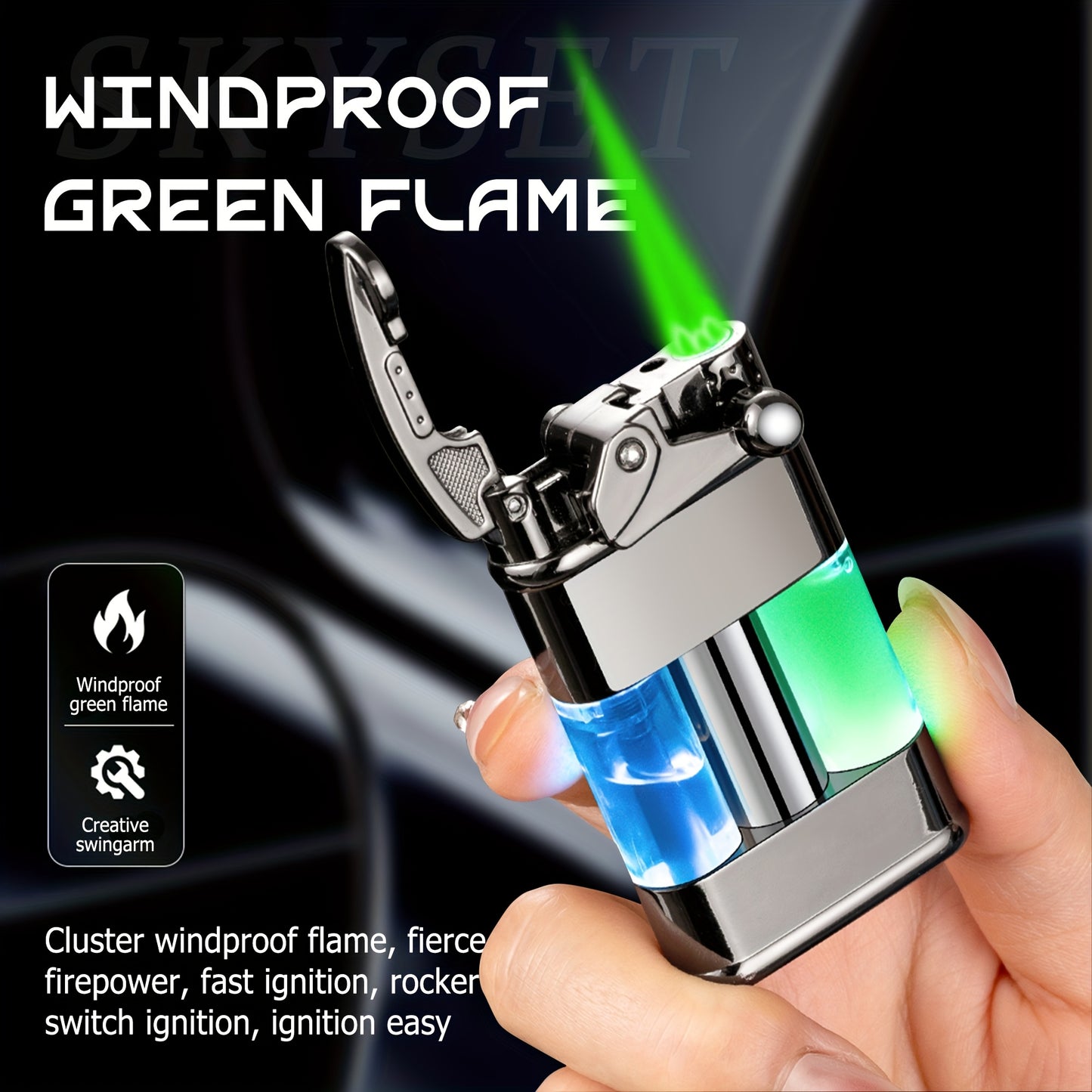 Green Flame Metal Lighter Windproof – Refillable Butane Gas Lighter with Adjustable Flame, Fuel Window & Rocker Arm Ignition, Cool Multifunctional Lighter for Outdoor Camping BBQ Cigars (No Butane)