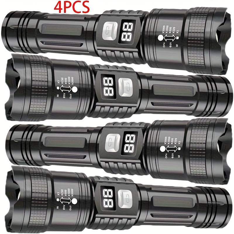 4pcs Rechargeable High-Power LED Flashlights with, Zoomable Spotlight, USB Cable, Super Bright, Long Range, Tactical Work Light for Camping, Hiking, Emergency, IP65, And Travel, Hiking Gear | Robust Flashlight | Flashlight Rechargeable