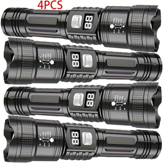 Rechargeable LED Flashlight Set 4pcs - Super Bright Zoomable Tactical Flashlight with USB Charging, IP65 Waterproof, Long Range High-Power Work Light for Camping, Hiking, Emergency & Outdoor Survival
