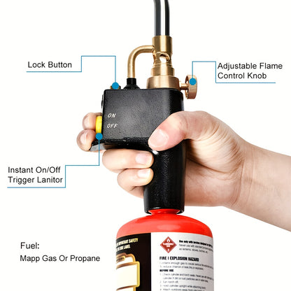 Trigger-Start Head, High Intensity Flame, MAPP/Propane Gas Kit With Instant On/off Trigger For Light Welding, Soldering, Brazing, Heating, Thawing And More