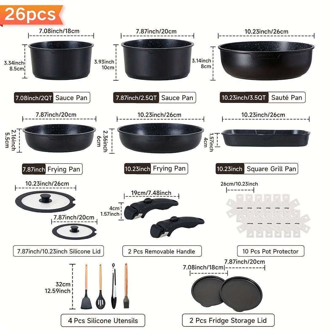 16/26pcs, Non-Stick Cookware Set, Cookware Set with Detachable Handle, Induction Cooker Kitchen Cooking Set with Detachable Handle, RV Camping Stackable Pot, Oven Safe, Pfoa-Free, Rice/Black