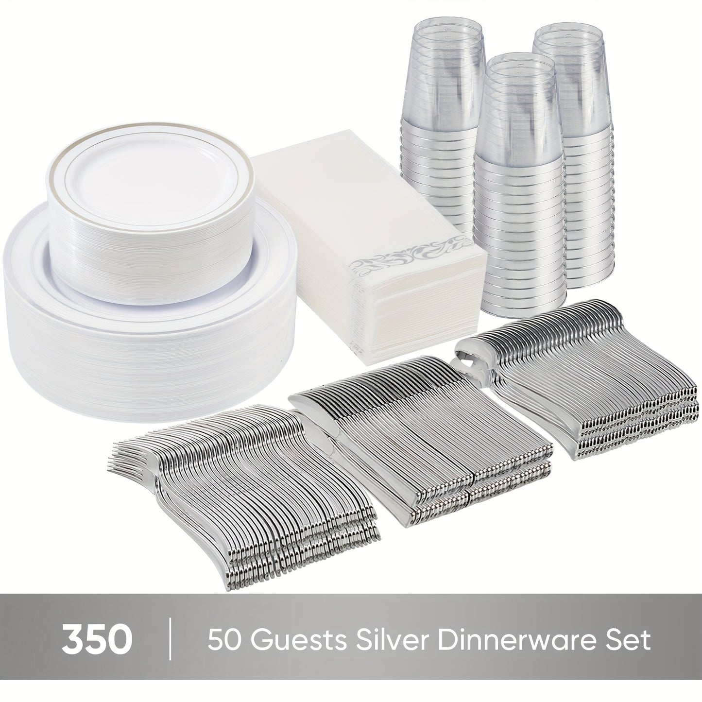 Set of 350/700 Golden/Silver Disposable Plates for 50/100 Guests, Disposable Plastic Plates for Parties, Wedding, Graduation, Birthday, Dinnerware Set of Dinner Plates, Salad Plates, Cutlery, Cups And Napkins