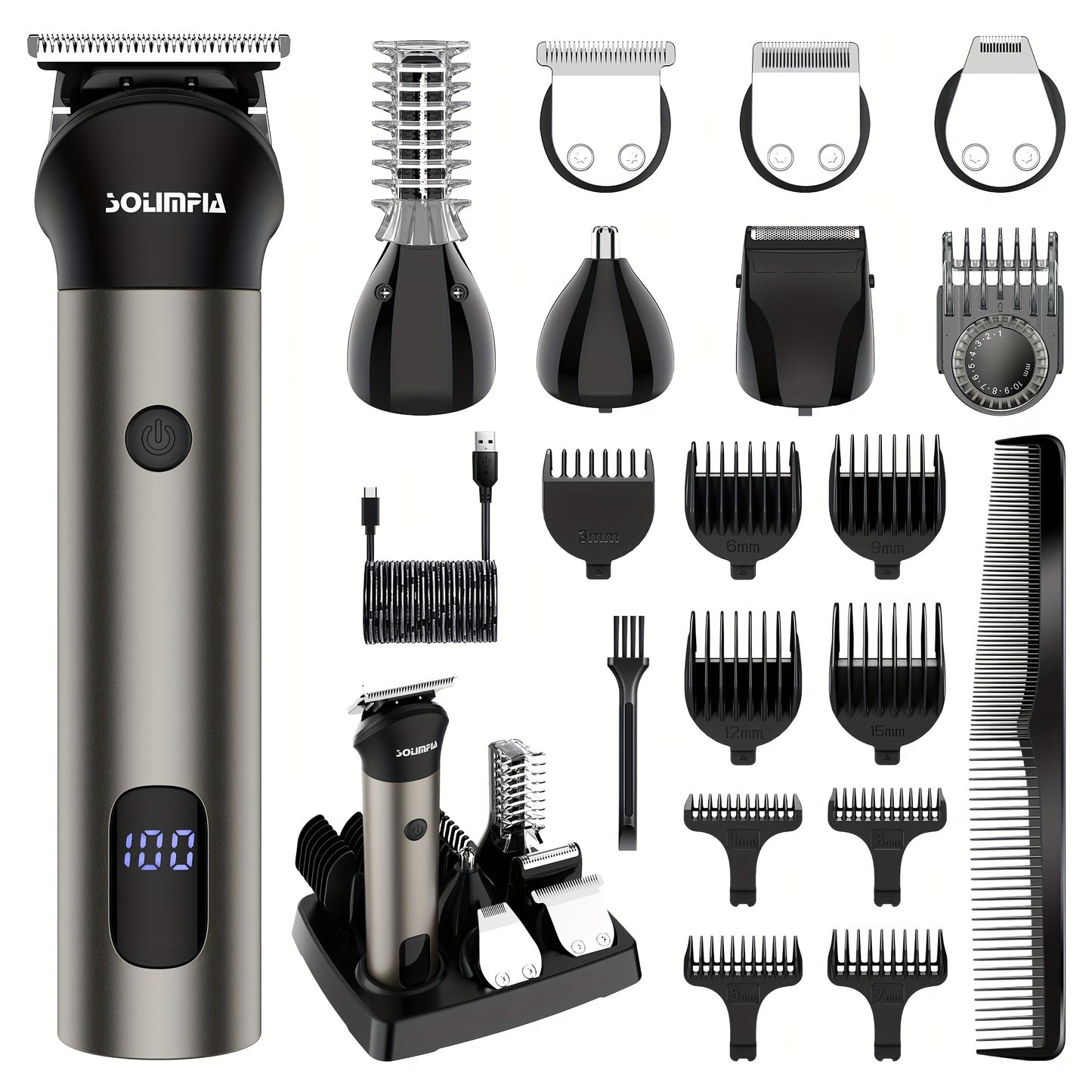 Solimpia Professional 7in 1 Hair Trimmer for Men, Cordless Barber Hair Cutting Trimmer Rechargeable Beard Nose Body Hair Grooming Kit for Men