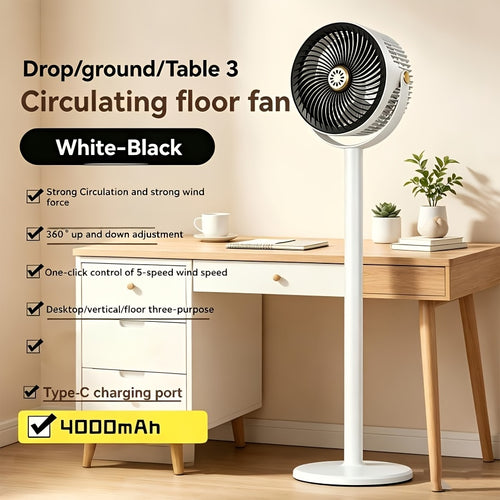 RV Fan 5-in-1 USB Rechargeable 4000mAh Battery 5-Speed Type-C Charging Port Portable Room Fan for Indoor Outdoor Camping Bedroom Desktop Ventilation