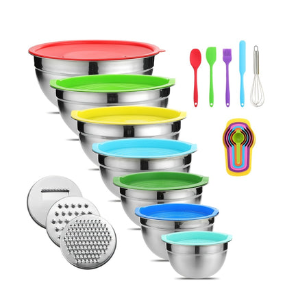 Set of 21 Mixing Bowls with Lids, Made of Stainless Steel, Includes 3 Grater Attachments, Sizes Ranging from 0.7QT to 4.5QT, Perfect for Cooking, Baking, And Serving in The Kitchen, Suitable for Christmas Use