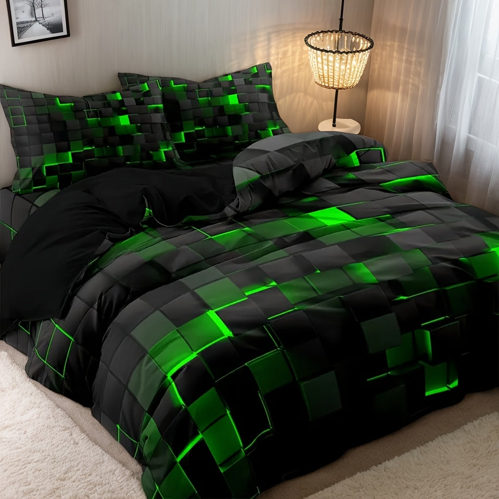 3D Geometric Cube Design Quilt Cover Set | 3-Piece Polyester Bedding | Black & Blue Grid Print | All-Season Soft Cover | 1 Duvet Cover + 2 Pillowcases | Machine Washable