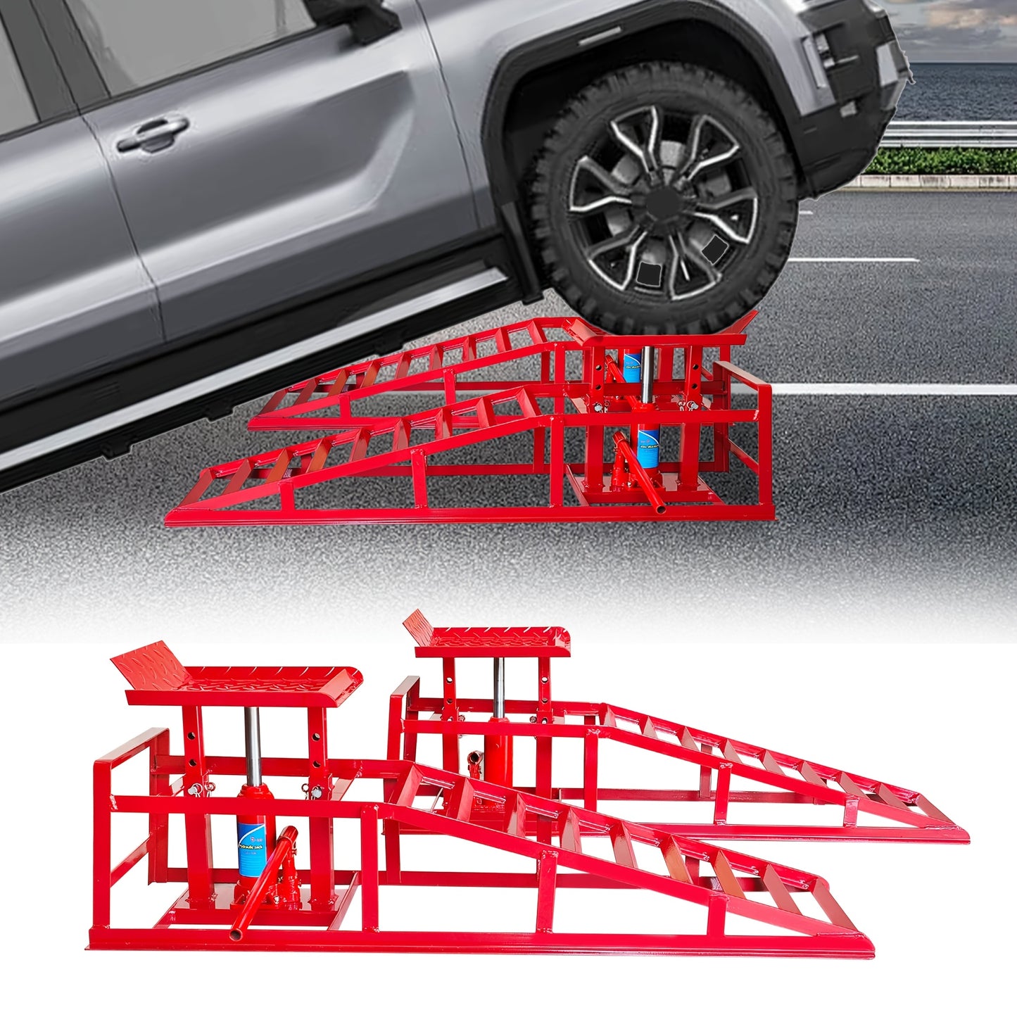 Car Ramps, 2pcs Hydraulic High-lift Service Vehicle Ramps, 5T (11050 Lbs), Car And Truck Wheel Ramps for Oil Change, with Supporting Crane, Suitable for DIY Shops And Car Beauty Shops