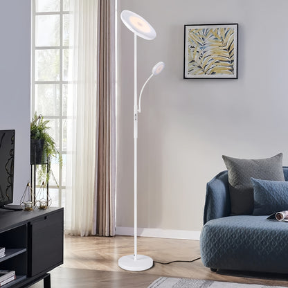 Dual-Function LED Floor Lamp, Featuring a 27W/2300LM Main Light And a 7W/350LM Reading Light, with Four Adjustable Color Temperatures. This Dimmable Torchiere Standing Lamp Includes Remote And Touch Control, Suitable for Home And Office Use