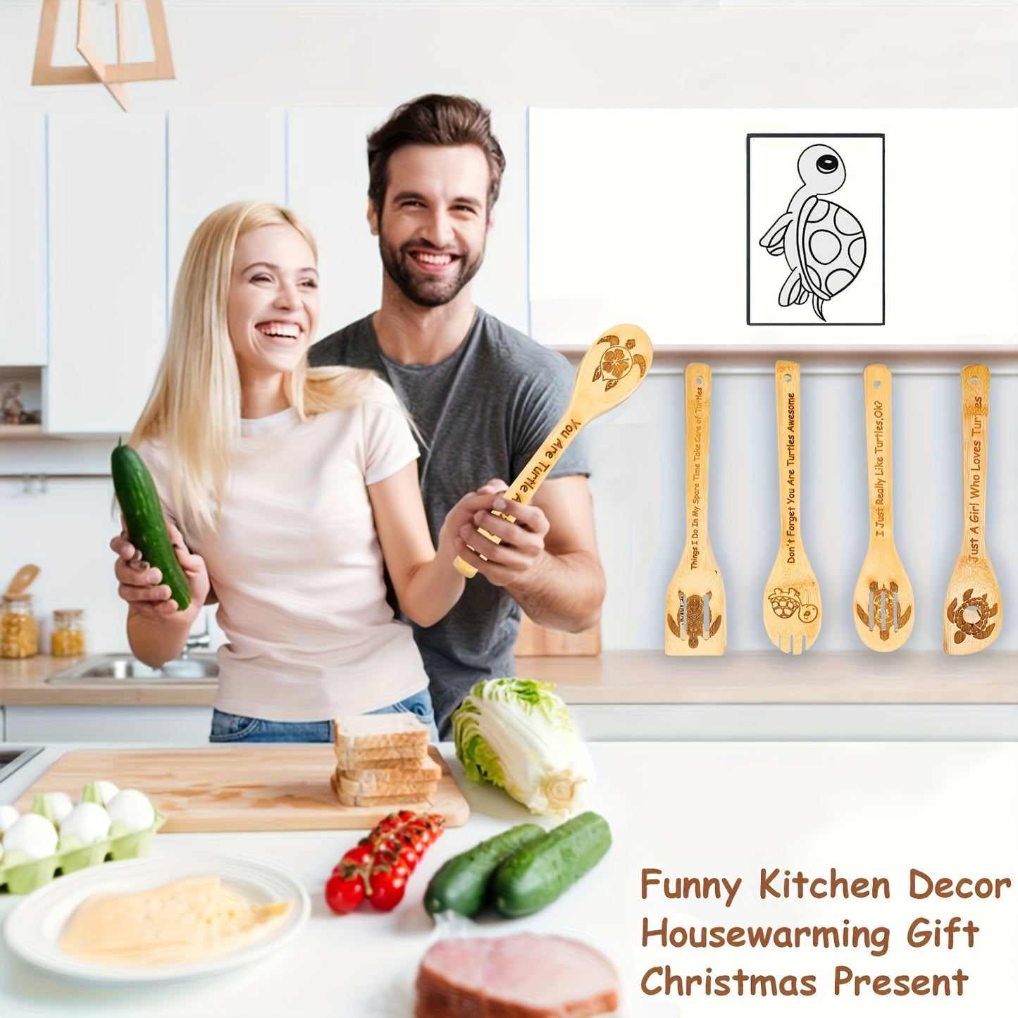 5pcs Christmas Wooden Cooking Spoons Utensils Set, Carved Animal Bamboo Wood Gadget Non-Stick Cook Spoon Spatula Kit For Turtle Lover Funny Farmhouse Kitchen Decor Housewarming Present Christmas Gift