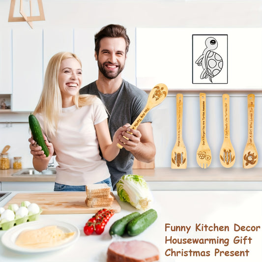 5pcs Christmas Wooden Cooking Spoons Utensils Set, Carved Animal Bamboo Wood Gadget Non-Stick Cook Spoon Spatula Kit For Turtle Lover Funny Farmhouse Kitchen Decor Housewarming Present Christmas Gift