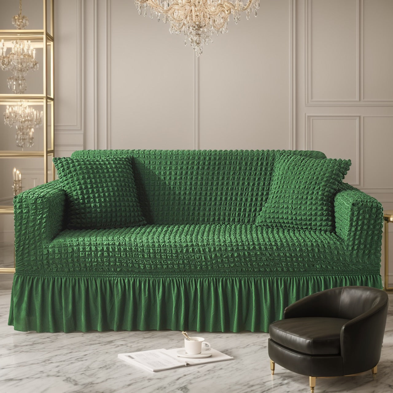 Seersucker Sofa Slipcover Set for Couch Cushion Durable Washable High Elastic Stretchable Furniture Couch Covers with Skirt for Sofa 1/2/3/4 Seater Arm Chair