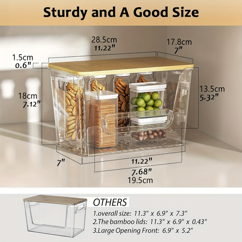 2-Pack Clear Stackable Kitchen Pantry Organizers with Bamboo Top - Durable PET Storage Bins for Onions, Potatoes, Fruits, Vegetables | Space-Saving Design, Ventilation & Easy Access, Pantry Organizers And Storage, Produce Organizer, Transparent Organizer,