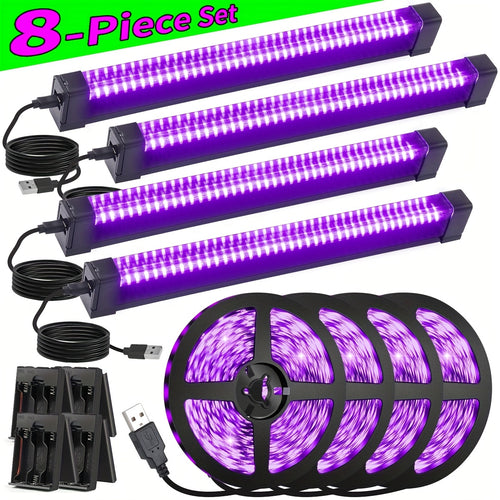 8pcs Set, UV Black Light Bars and Strips, Plastic, 385-400nm, USB Powered 5V, Switch Control, for Glow Party, Neon Party, Halloween, Body Painting, Birthday Party, Fluorescent Painting, 4pcs 32cm/12.6in 40LEDs + 4pcs 250cm/8.2ft 60LEDs/M