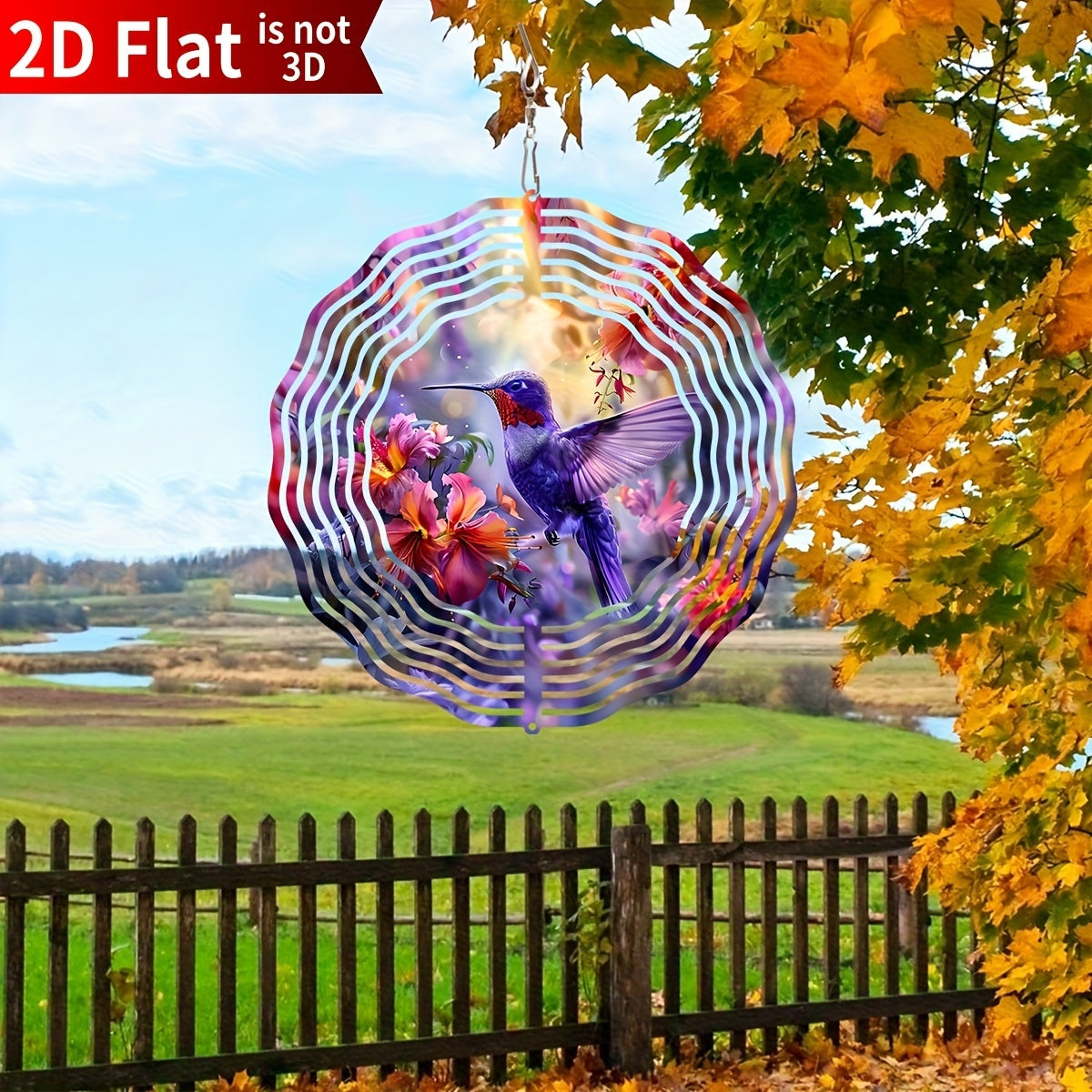 Hummingbird Wind Spinner for Garden – 10" Kinetic Metal Sculpture with Color-Changing Feathers, Wind-Powered 2D Flat Iron Art for Outdoor Yard Decor, Patio Stake Ornament, Bird Lover Gift