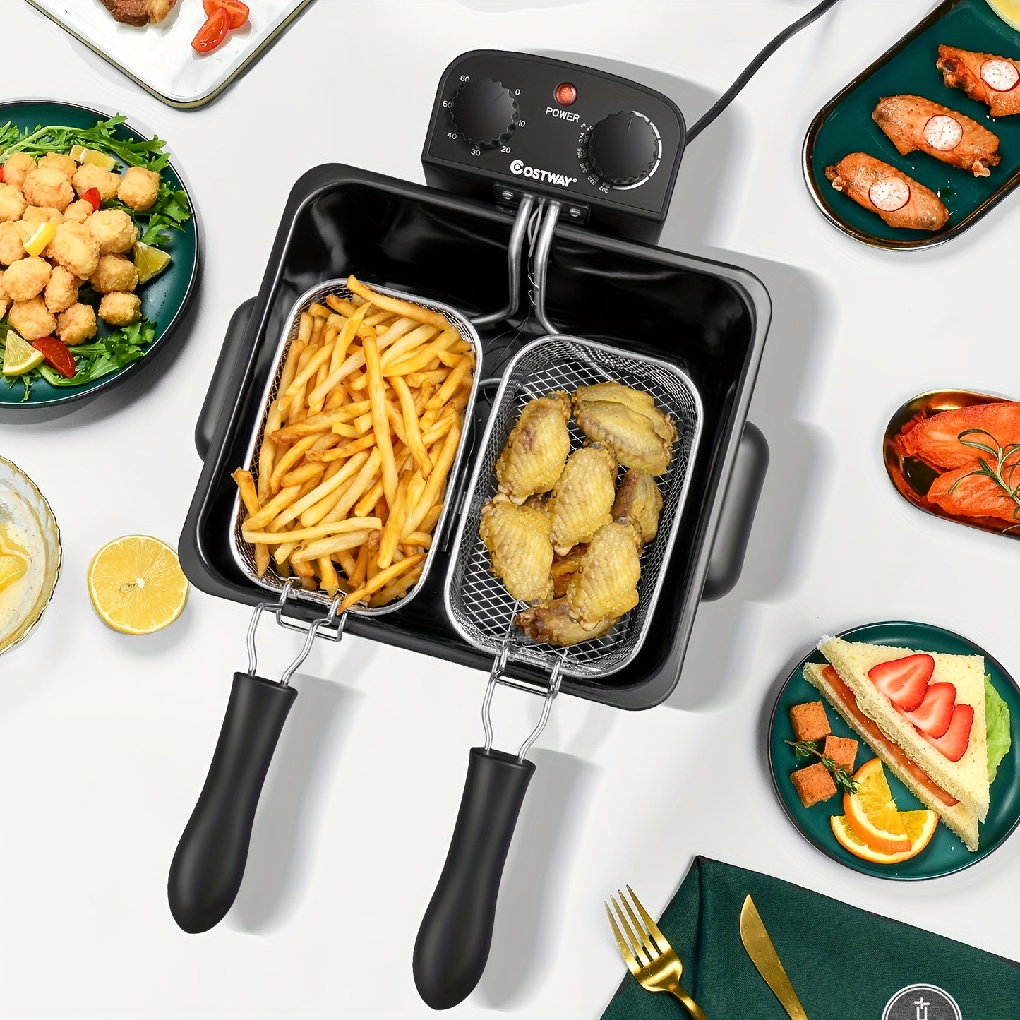 Electric Deep Fryer 5.3Qt Triple Basket 1700W Stainless Steel with Adjustable Temperature, 60-Min Timer & View Window Lid for Home Kitchen