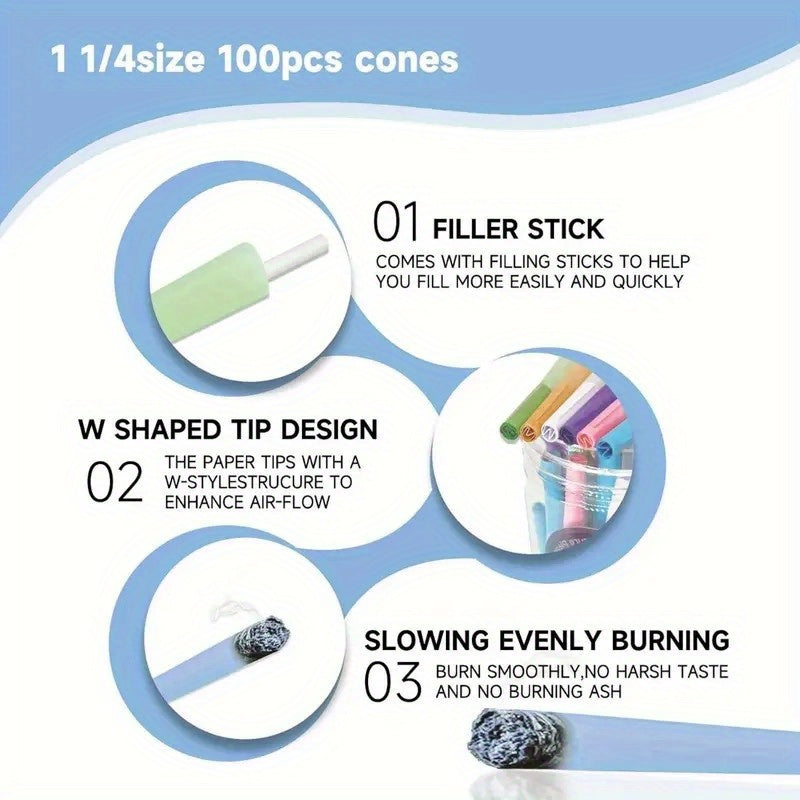 Pre-Rolled Cones 100 Pack King Size 109mm – Tapered Paper Cones with Filter Tips & Packing Tubes Included, Mixed Color, Ready to Fill