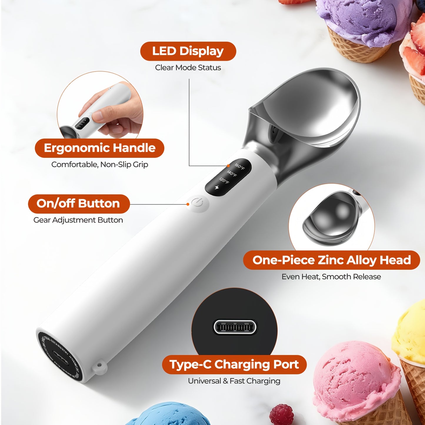 Heated Ice Cream Scoop, Electric Ice Cream Scoop with 3 Temperature Settings (120°F/140°F/160°F) for Rock-Hard Ice Cream, USB-C Rechargeable, Ice Cream Scoop Heating, IPX7 & Easy Clean, Ergonomic Design, Gift
