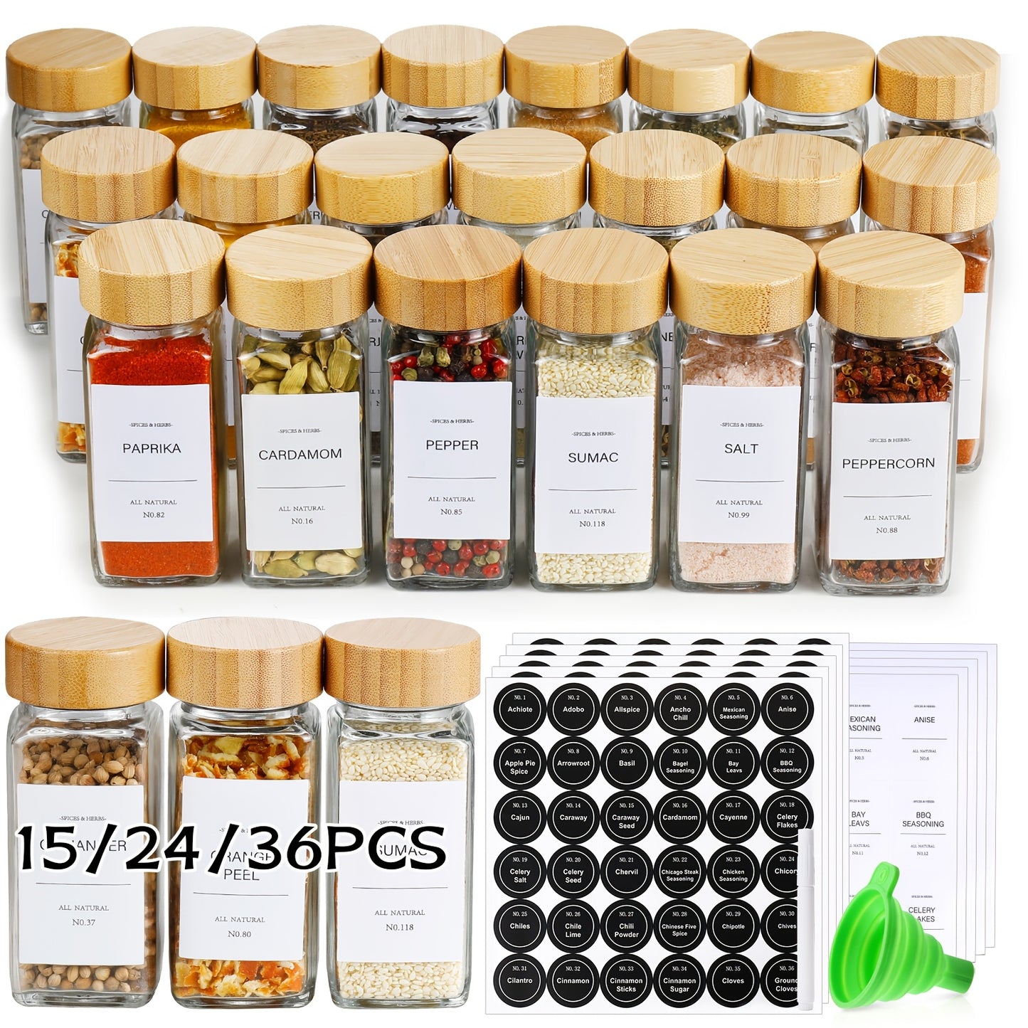 15/24/36pcs Spice Jars with Labels And Lids, 4oz, Spice Empty Bottles with Foldable Funnel, Glass Condiment Containers, Storage Jars, Commercial Restaurant Kitchen Accessories, Kitchen Condiment Jars