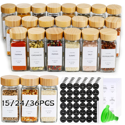 15/24/36pcs Spice Jars with Labels And Lids, 4oz, Spice Empty Bottles with Foldable Funnel, Glass Condiment Containers, Storage Jars, Commercial Restaurant Kitchen Accessories, Kitchen Condiment Jars