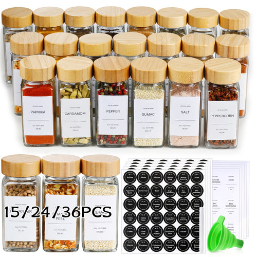 15/24/36pcs Spice Jars with Labels And Lids, 4oz, Spice Empty Bottles with Foldable Funnel, Glass Condiment Containers, Storage Jars, Commercial Restaurant Kitchen Accessories, Kitchen Condiment Jars