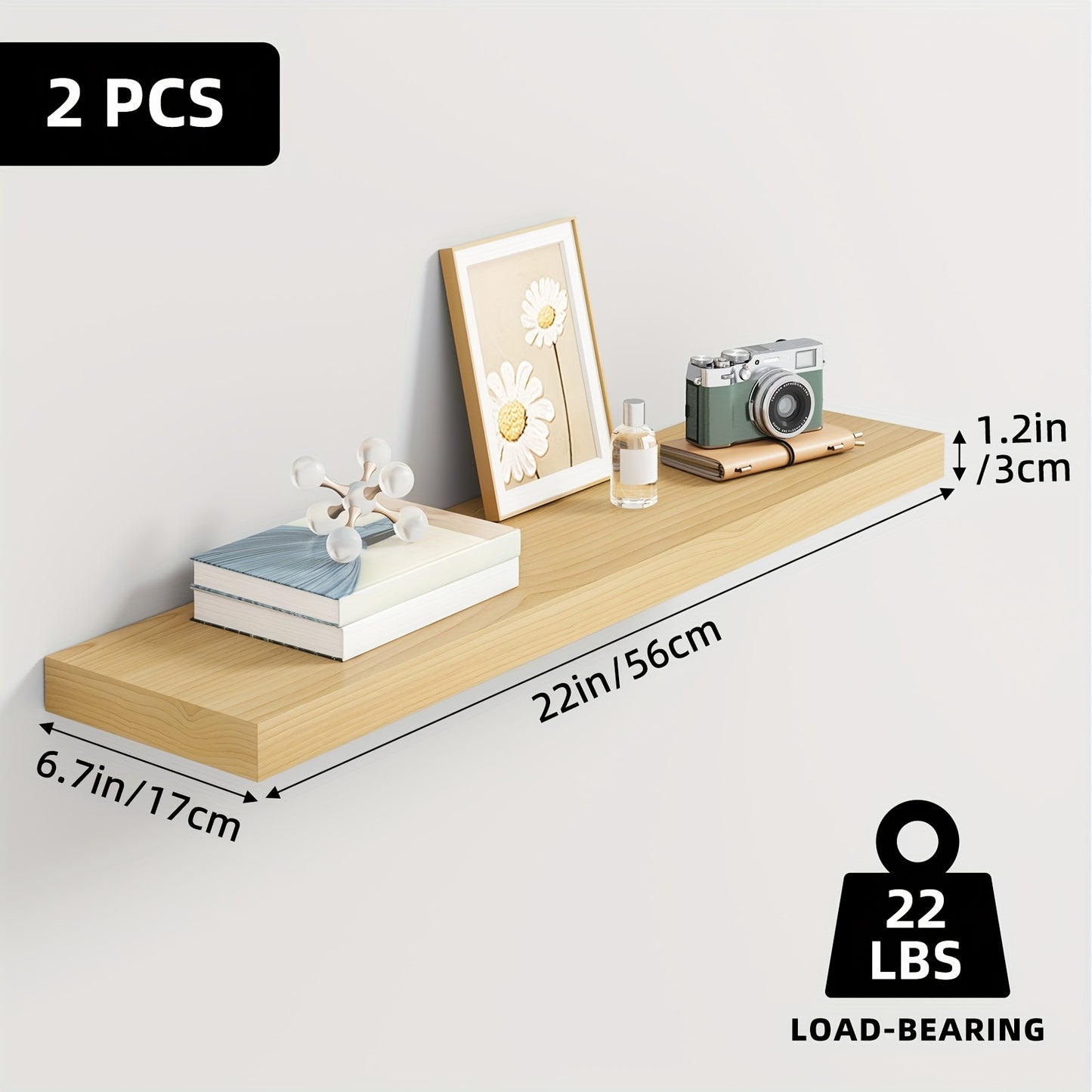 TOMNK 2/4/6pcs Set Floating Shelves, 15.7-inch/19.7-inch/22-inch Wooden Wall-Mounted Shelves, Suitable for Home Decor in Living Rooms and Kitchens, Strong Load-Bearing Capacity, Can Be Installed in Bathrooms, Bedrooms, Living Rooms, or Kitchens