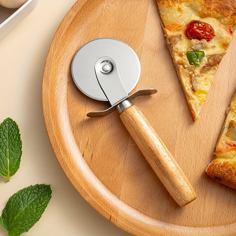 Stainless Steel Pizza Wheel Cutter with Wooden Handle - Durable, Easy-Grip Slicer for Pizza, Biscuits, Noodles | Ideal Kitchen Gadget for Perfect Serving