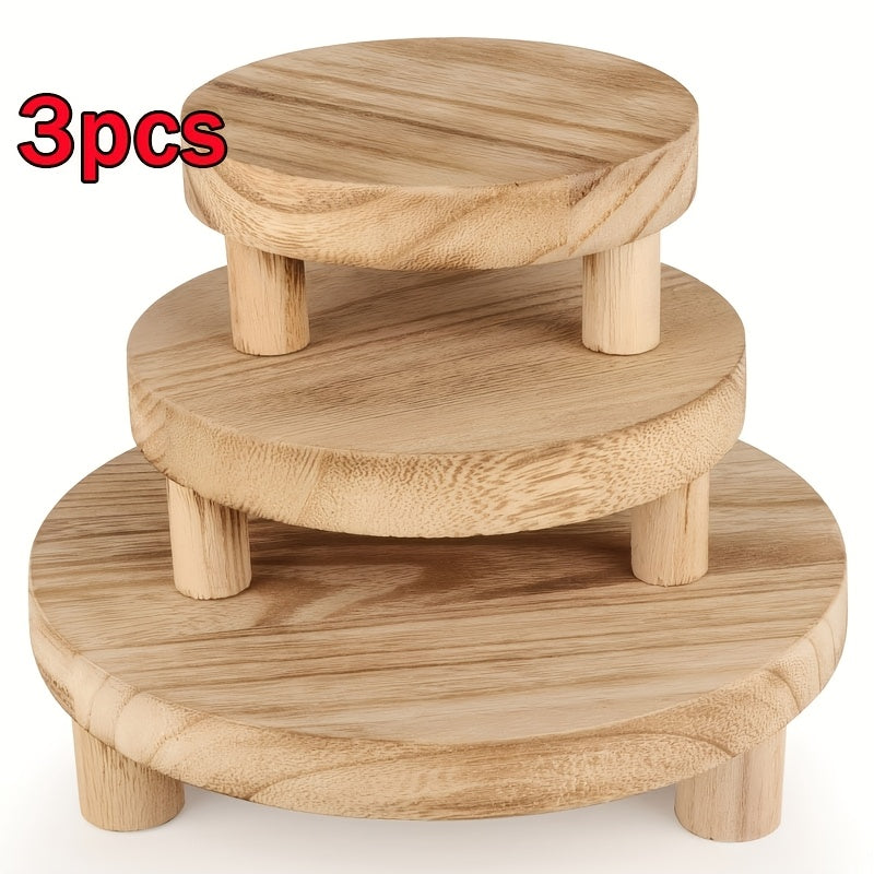 3pcs Rustic Wooden Display Riser Stands - Natural Finish, Multi-Tier Cake Stand with Sleek Legs for Home Decor And Organizer, Decorative Display | Natural Wood Finish | Smooth Surface