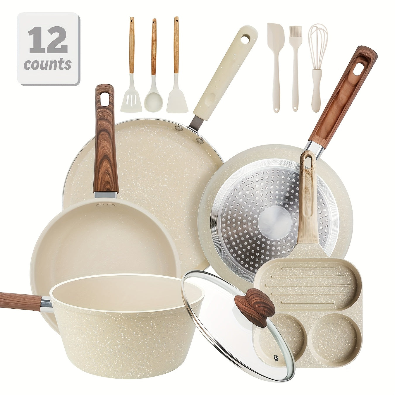 15/12/7pcs POTS And Pans Set, Non-stick Cookware Set, Induction Cookware Non-stick Cooking Set, Including Frying Pan, Pan, Steamer, Silicone Spatula And Tongs, Gifts for Friends Wedding