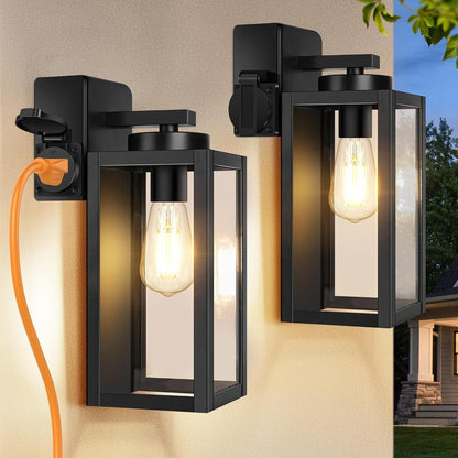 Porch Lights Outdoor, Modern Outdoor Wall Lights Exterior Lighting Fixtures, 2-Pack with Outlet, Outdoor Wall Sconces Outside Lights for House Front Door Garage, Black
