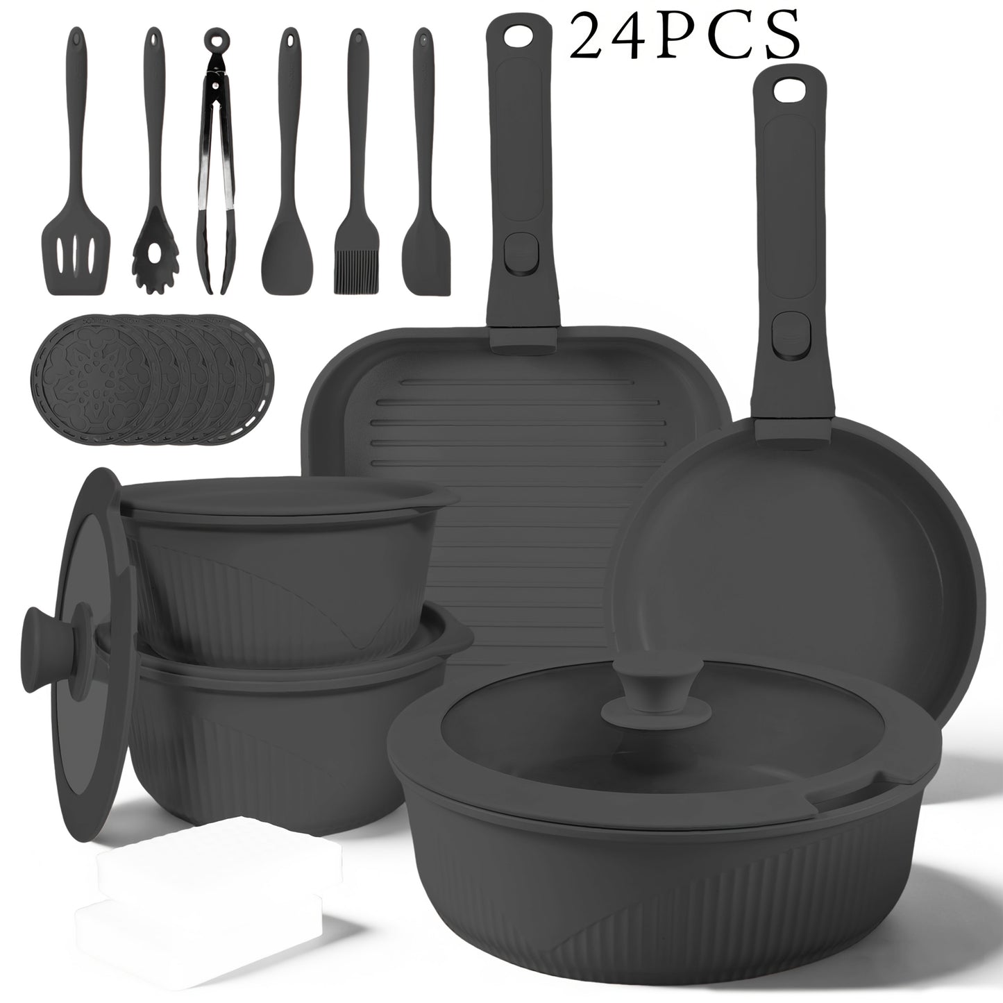 24pcs/7pcs/5pcs Cookware Set Non-Stick Pots & Pans Induction-Ready Kitchen Cookware Set Includes Skillet/Frying Pan/Soup Pot/Steak Pan Removable Handles Home & RV Kitchen Set Stackable Kitchen Accessories Easy To Clean Multiple Colors