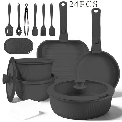 24pcs/7pcs/5pcs Cookware Set Non-Stick Pots & Pans Induction-Ready Kitchen Cookware Set Includes Skillet/Frying Pan/Soup Pot/Steak Pan Removable Handles Home & RV Kitchen Set Stackable Kitchen Accessories Easy To Clean Multiple Colors