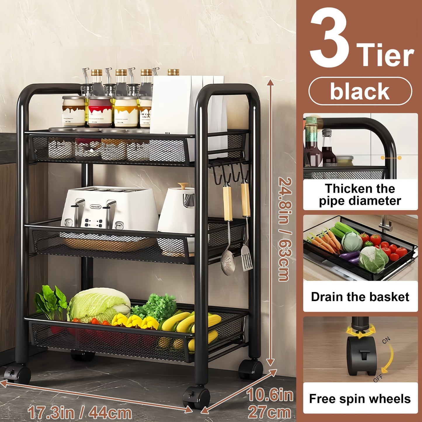 Multi-layer Carbon Steel Storage Trolley, Multifunctional Storage Trolley On Wheels, Space Saving Detachable Carbon Steel Wire Basket, Black, Suitable for Kitchen, Living Room, Bedroom, Office-bathroom Storage, Shelves