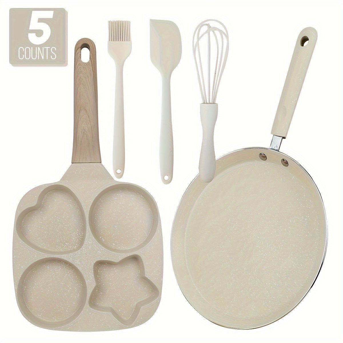 5pcs Non-Stick Cookware Set, Includes Egg Frying Pan, Pancake Skillet, and Kitchen Utensils, Beige