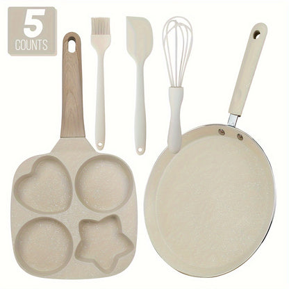 5pcs Non-Stick Cookware Set, Includes Egg Frying Pan, Pancake Skillet, and Kitchen Utensils, Beige
