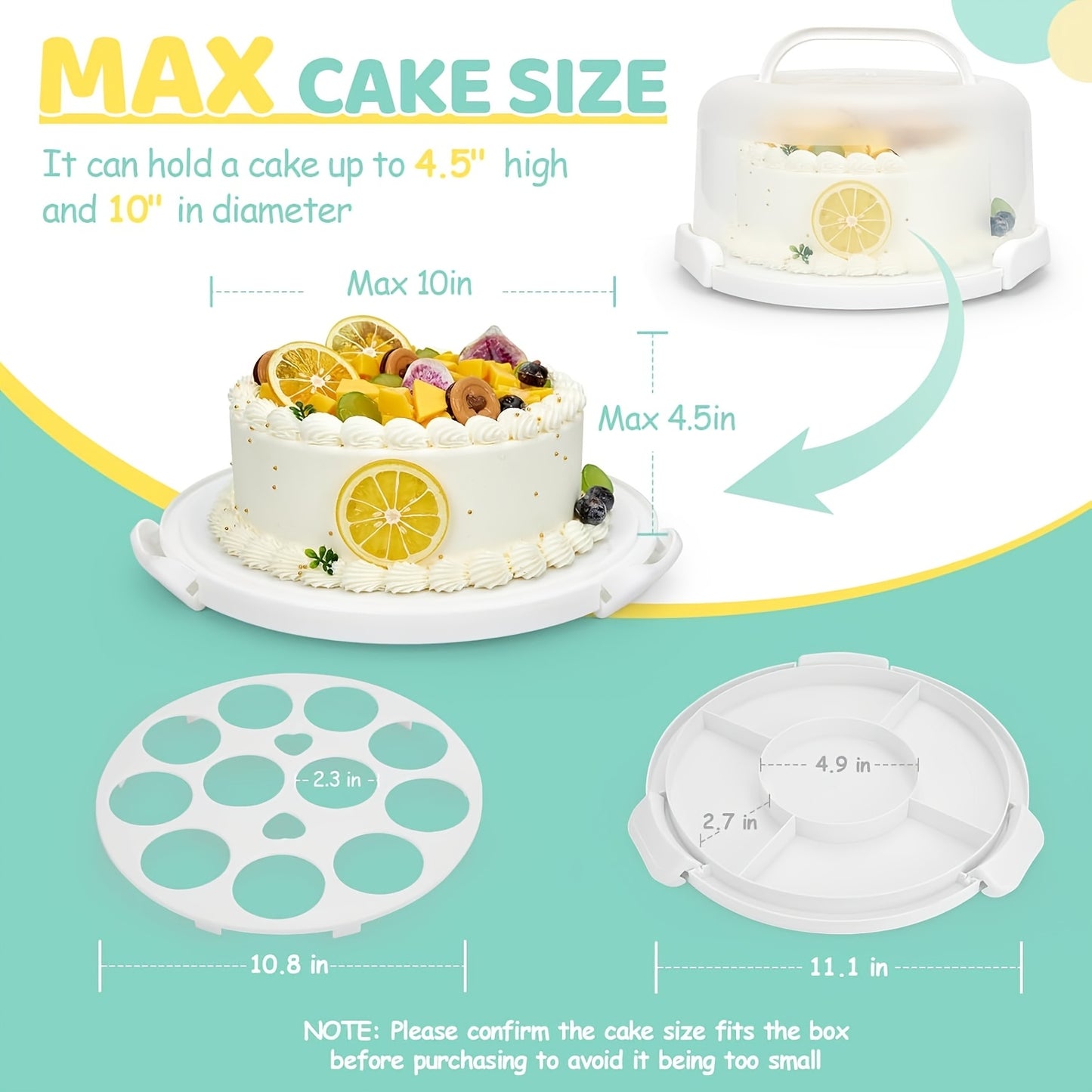 10 Inch Cake Carrier with Lid, BPA-Free Plastic Cake Storage Container & Cupcake Keeper, 2 Handles for Easy Transport Of Pies, Fruits, Nuts, Secure Base