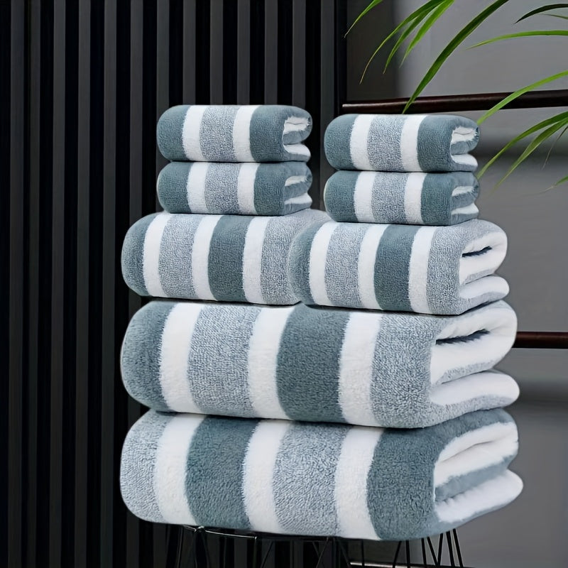 8pcs Set, No Hair Loss, Super Water Absorption, Super Soft Five-Star Hotel Standard Two-Color Striped Interval Combination, Including 2 Large Towels, 2 Large Face Towels And 4 Hand Towels