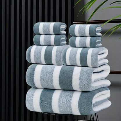 8pcs Set, No Hair Loss, Super Water Absorption, Super Soft Five-Star Hotel Standard Two-Color Striped Interval Combination, Including 2 Large Towels, 2 Large Face Towels And 4 Hand Towels