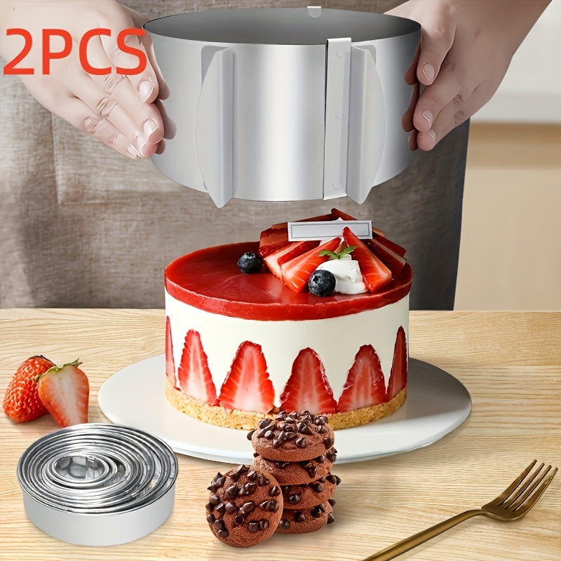 2pcs Adjustable Stainless Steel Cake Ring Mold - 6.3" to 11.8" Diameter, Heavy-Duty 400 Series Construction, Non-Stick Surface, Ideal for Mousse And Baking