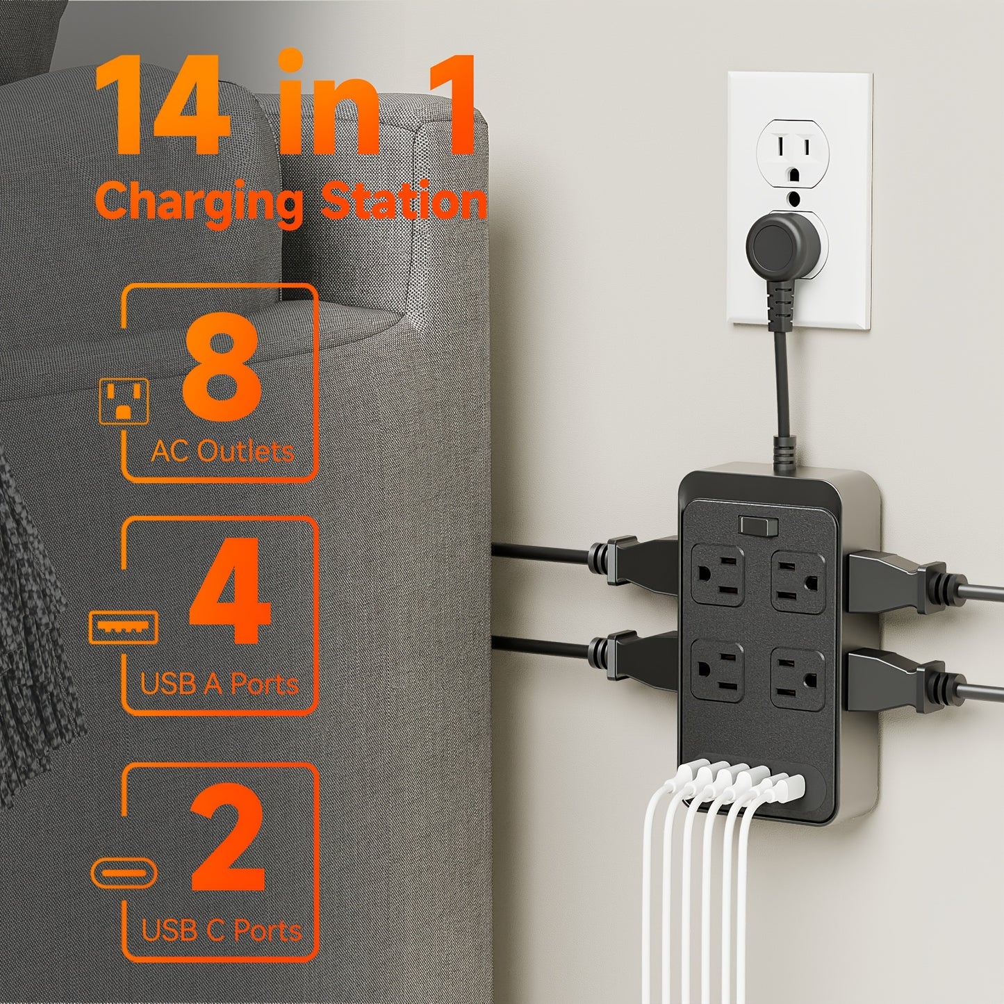 Outlet Extender Power Strip with Surge Protector, with 3 Inch Short Extension Cord, 8 Widely Distributed AC Outlets, 6 USB Charging Ports (4 USB A And 2 USB C), Desk Charging Station, Compact Outlet Extender for Home Dorm Office Travel Essentials
