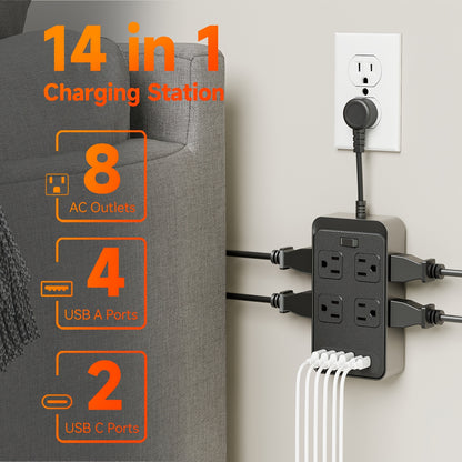Outlet Extender Power Strip with Surge Protector, with 3 Inch Short Extension Cord, 8 Widely Distributed AC Outlets, 6 USB Charging Ports (4 USB A And 2 USB C), Desk Charging Station, Compact Outlet Extender for Home Dorm Office Travel Essentials