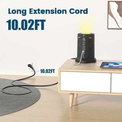 Surge Protector Power Strip Tower with 12 AC Outlets 5 USB Ports 8.8FT Extension Cord Night Light 4 Individual Switches Overload Protection for Home Office Desk Dorm Room