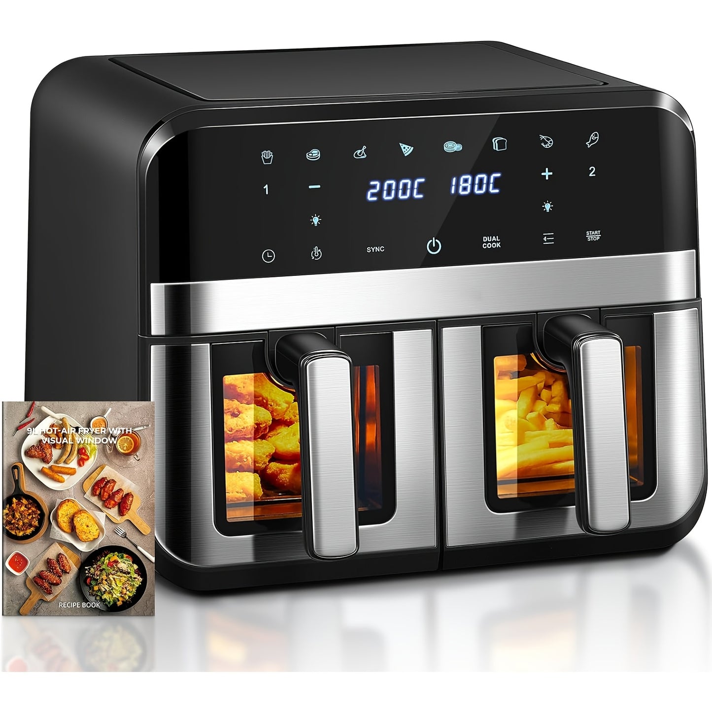 Dual Basket Air Fryer 9.5Qt – 2x4.75Qt Independent Zones, Smart Finish Match Cook, 2400W, 8 Presets, Air Fry Roast Bake Grill, Energy Saving Family-Size Double Basket Air Fryer