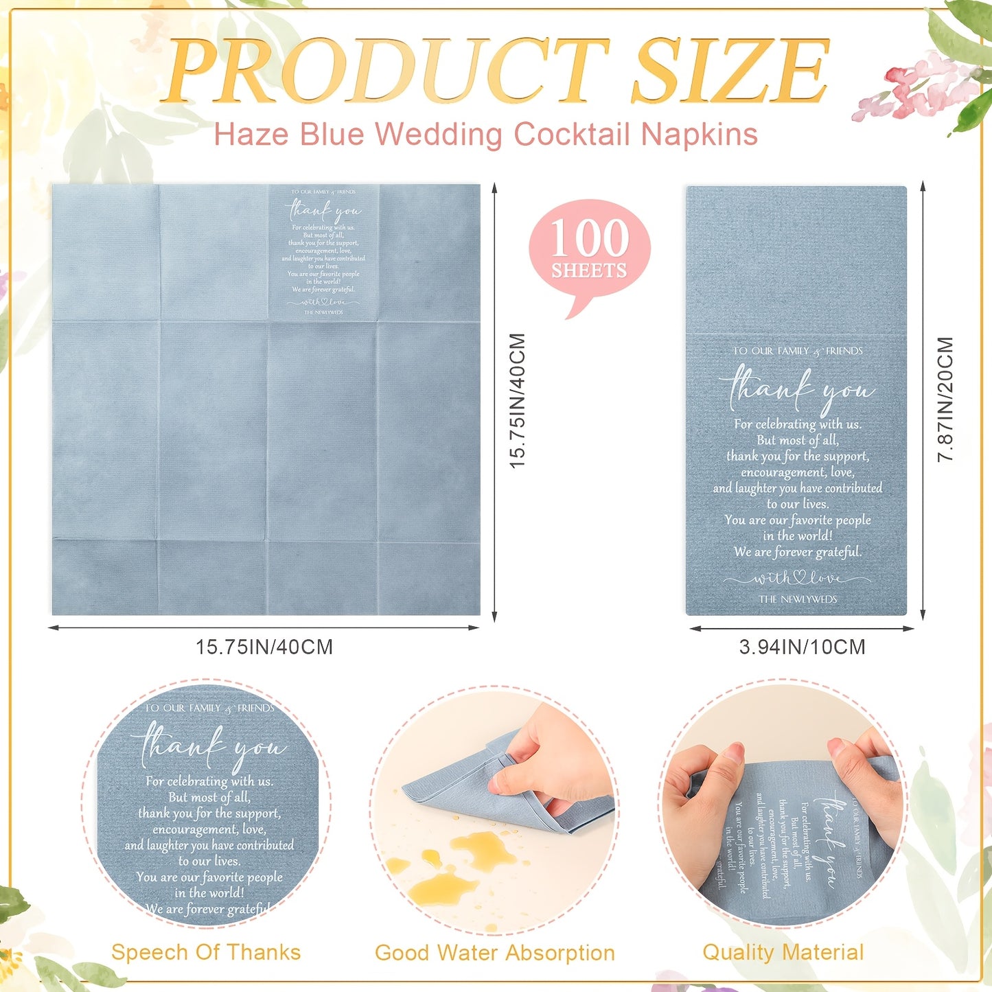 100-Piece Solid Color Thank You Wedding Napkins, Cocktail Napkins for Newlyweds, Guests, Family and Friends, with Built-in Utensil Pocket, Tissue Napkins for Bridal Shower, Rehearsal Dinner, Party Supplies, Haze Blue