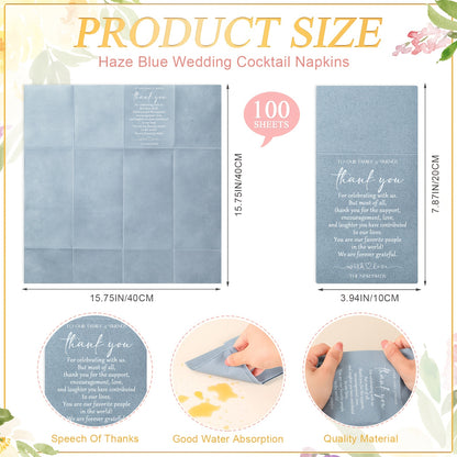100-Piece Solid Color Thank You Wedding Napkins, Cocktail Napkins for Newlyweds, Guests, Family and Friends, with Built-in Utensil Pocket, Tissue Napkins for Bridal Shower, Rehearsal Dinner, Party Supplies, Haze Blue