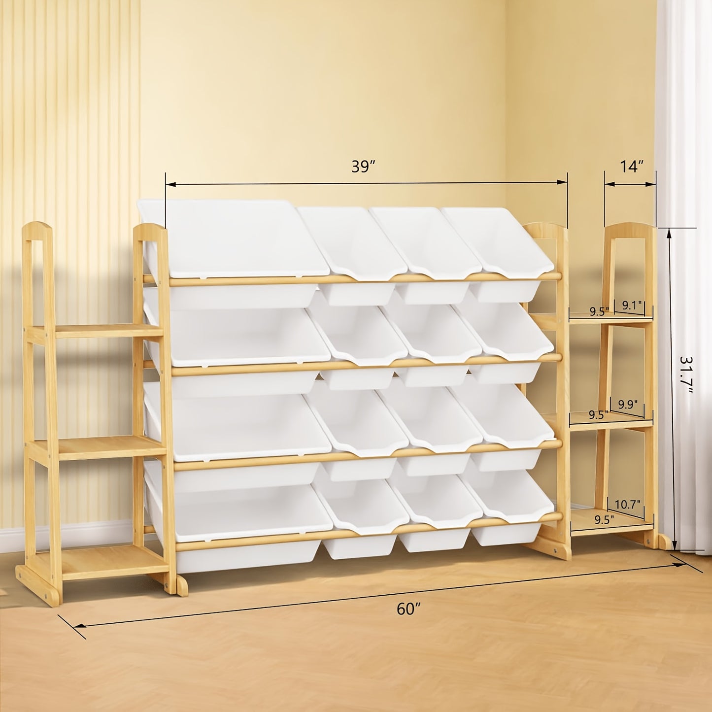 Large Capacity Kids Storage Organizer with 12 Bins, Wooden Shelf with Side Bookshelves, Playroom Furniture for, Books, And Stuffed Animals, Easy Assembly, Natural Wood End