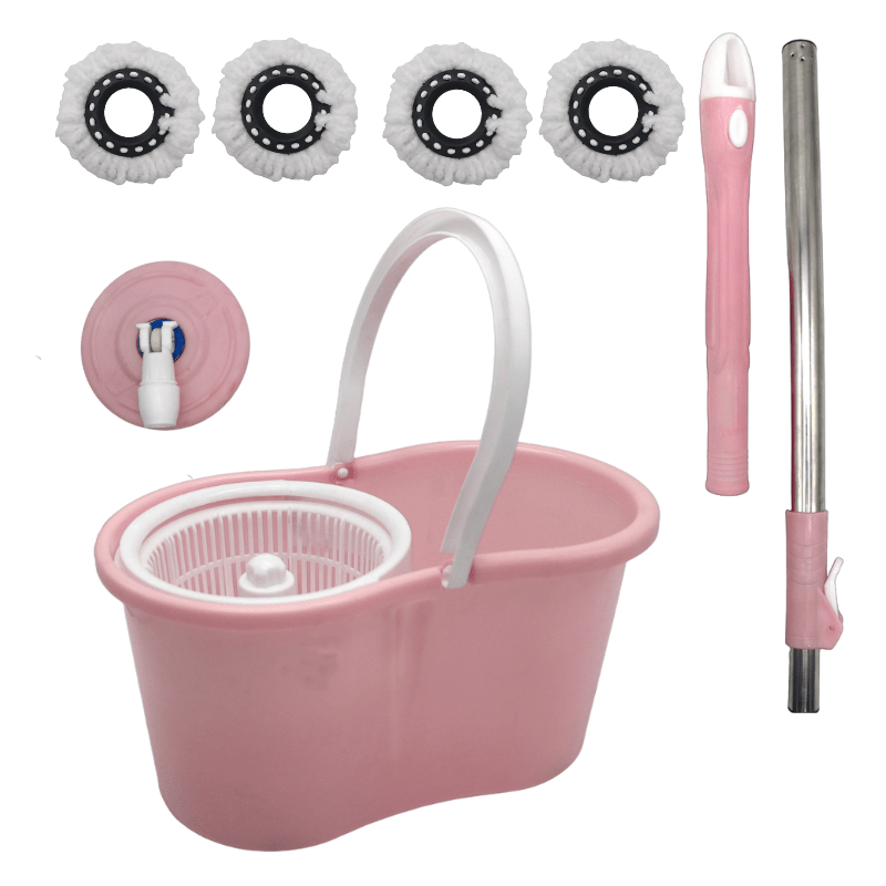 Pink Spin Mop and Bucket with Wringer Set, 360° Spinning Mop Bucket System with 4 Microfiber Mop Replacement Heads and Stainless Steel Adjustable Handle for Floor Cleaning
